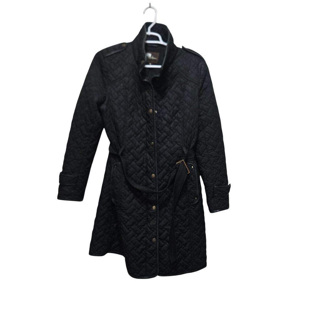 Cole Haan Black Basketweave Quilted Coat Medium Lambskin Trim Belt Flaw